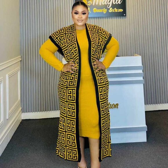 Women's Geometric Knit Bodycon Dress with Open Cardigan 2 pcs - S, M, L, XL - Picture 1 of 2
